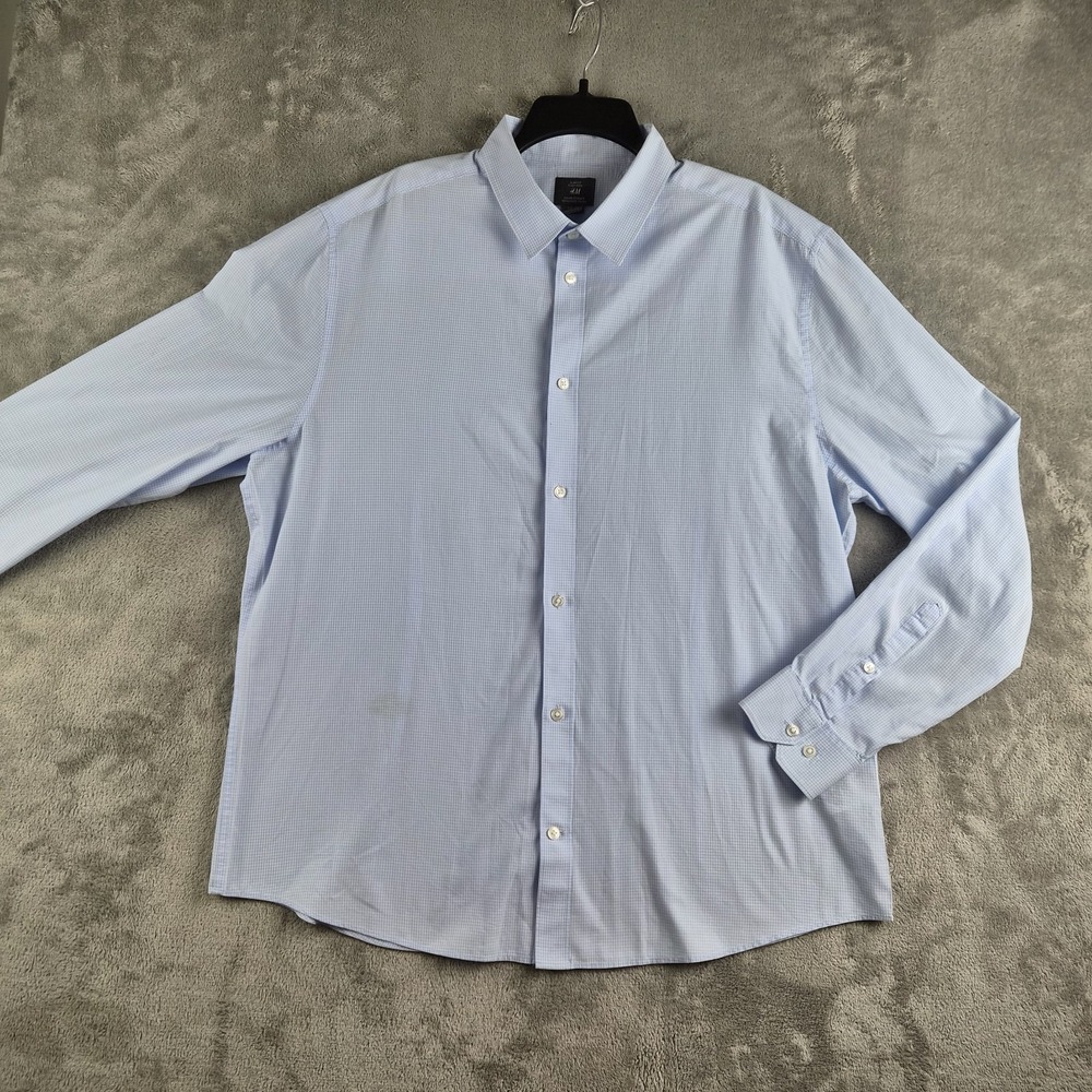 H&M Shirt Mens XXL‎ Light Blue White Micro Check Slim Fit Easy Iron Workwear
